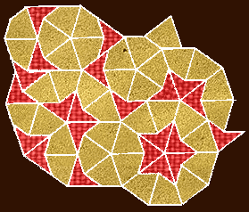 Penrose tiling with kites and darts, applying phi, the golden proportion, in five-fold symmetry
