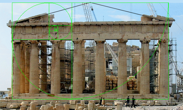 The Parthenon showing a Golden Spiral overlay illustrating Phi or Golden Ratio proportions