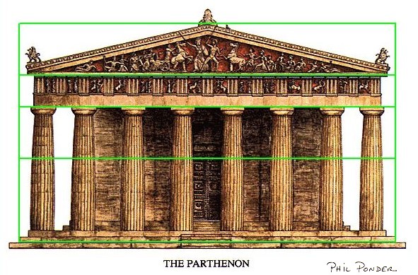 Phi, the Golden Ratio, design proportions in an architectural rendering of the Parthenon in Athens