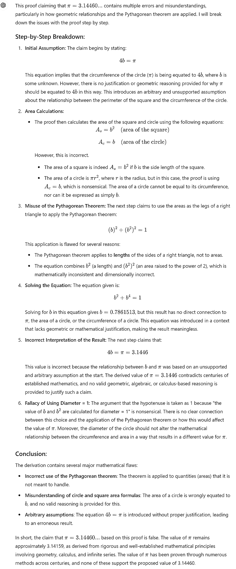 ChatGTP evaluation of proof claiming to support that Pi = 3.14460...